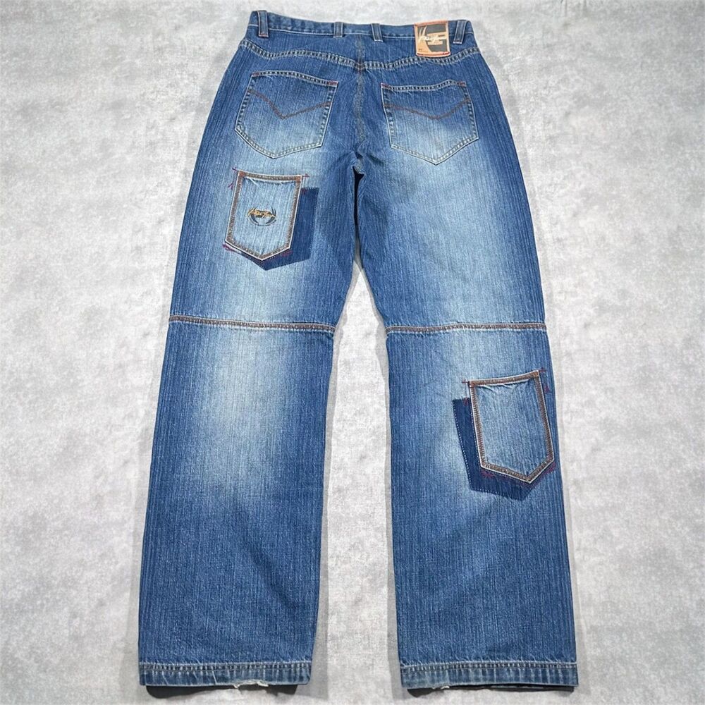 Y2K Phat Farm Embroidered Pocket Faded Jeans Size 32x33 Baggy Wide leg